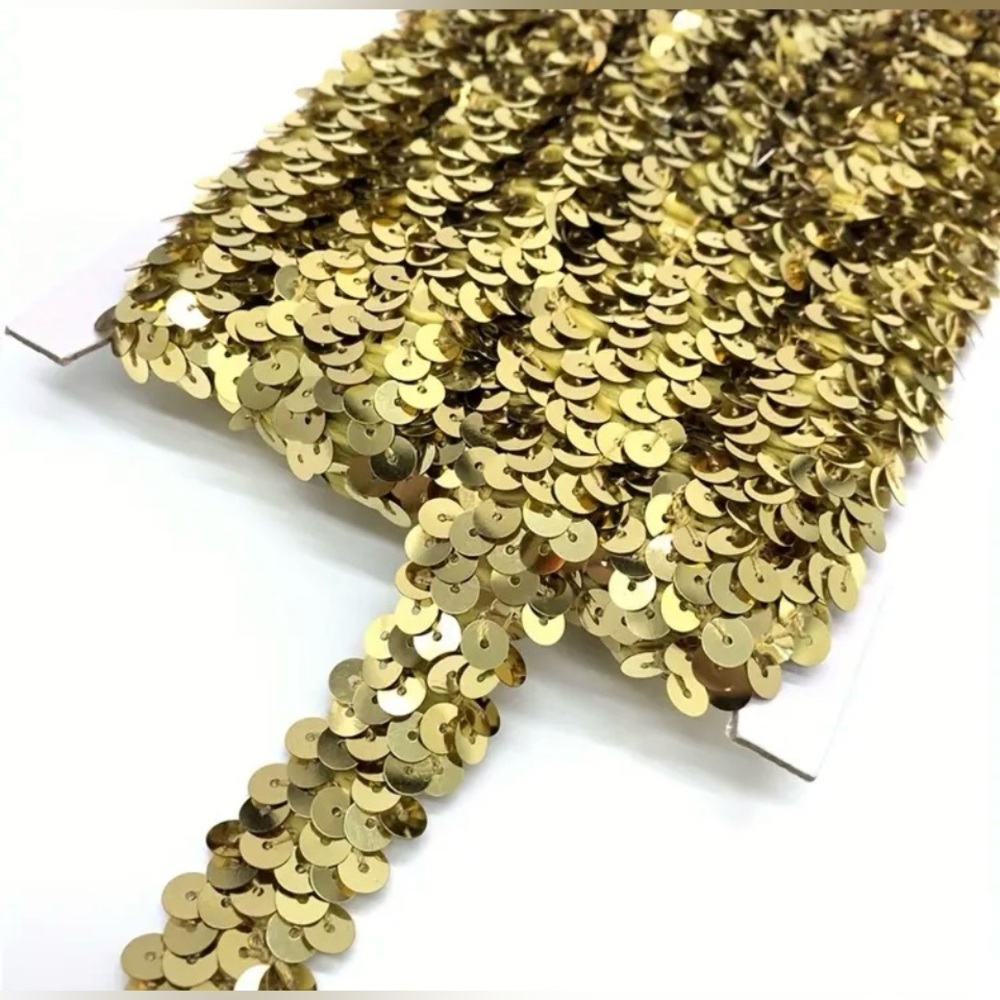 1 Yard Gold Stretch Sequin Appliquรฉ Trim for Crafts and Clothes, New
